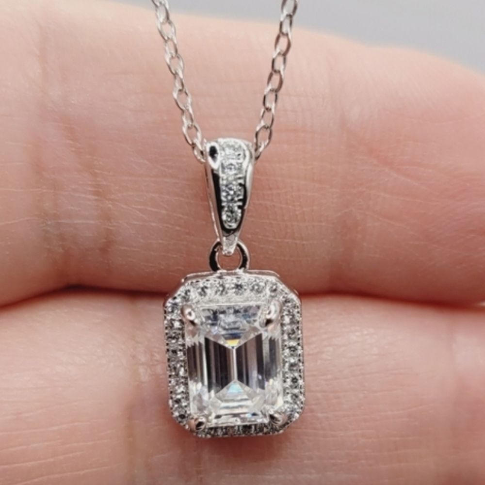 Certified 2 CT Emerald Cut Moissanite Necklace | S925 Sterling Silver